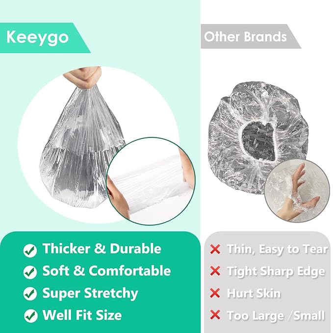 Keeygo Disposable Shower Caps 100 PCS Bath Caps Clear Waterproof Plastic Wraps for Women, Hotel Travel Essentials Accessories Hair Caps(20.5")