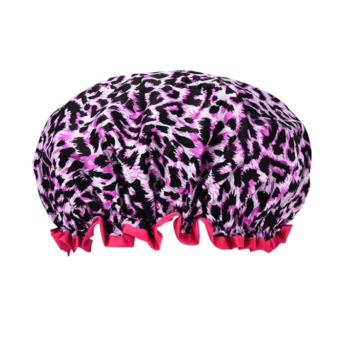 Womens Pink Leopard Print Shower Caps for Women Trendy Large Washable Lined Shower Cap for Braids Ladies Leopard Print Bathing Cap for Long Short Hair Plastic Bath Caps for Women Reusable Waterproof