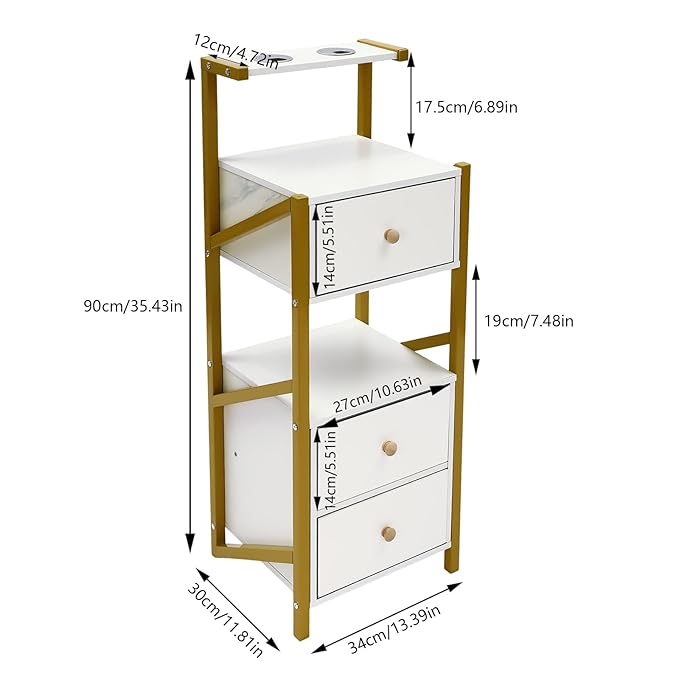 Beauty Salon Station Cabinet, Barber Station with 3 Drawer, Salon Organizer Storage Cabinet for Spa, Barber Store, Salon, Locker Room, Bathroom (White, Golden)