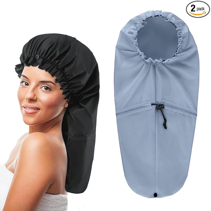 2 Pcs Large Shower Cap for Braids, Extra Long Shower Cap for Women Long Hair & Locs, Waterproof Hair Bonnets for Dreadlocks Drawstring Bath Caps for Women & Men (Black, Grey)