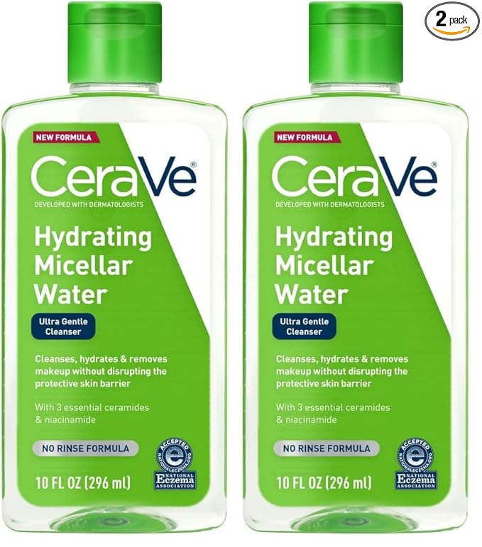 CeraVe Micellar Water,Hydrating Facial Cleanser & Eye Makeup Remover with Niacinamide,Ceramides & Glycerin,Fragrance-Free-& Non-Irritating,10 Fluid Ounces,(Pack of 2)