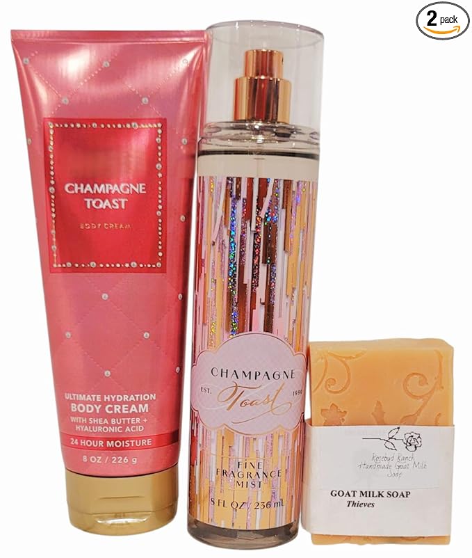 Bath and Body Champagne Toast Ultimate Hydration Body Cream and Fine Fragrance Mist Full Size with Rosebud Ranch Goat Milk Soap Sample