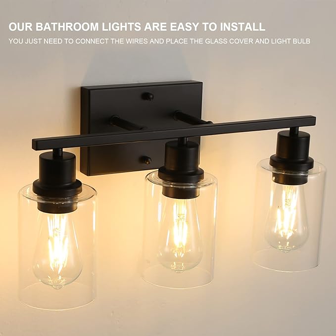 Bathroom Vanity Light Fixtures, 3-Light Matte Black Bathroom Lights, Wall Sconces with Clear Glass Shade for Hallway Farmhouse Bedroom Living Room