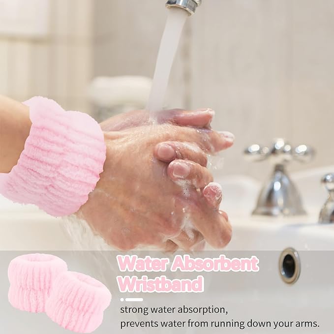 WHAVEL 6PCS Spa Headband and Wristbands Set, Face Wash Headband Wrist Bands for Washing Face Skincare Makeup Hair Band Skin Care Accessories Tools，Blue&Pink