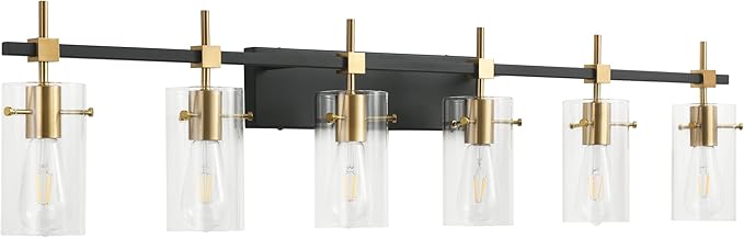 SOLFART 49.2 inch Vanity Light fixtures Vintage 6 Lights Wall Light Fixtures Above Mirror for Bathroom Brass and Black with Clear Glass Shade (Exclude Bulb)