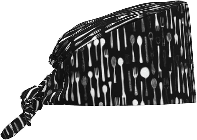 Scrub Cap for Women and Men Boho Black Leaf Pattern Adjustable Breathable Sweatband Hat for Work Kitchen Spa Shower Daily Use
