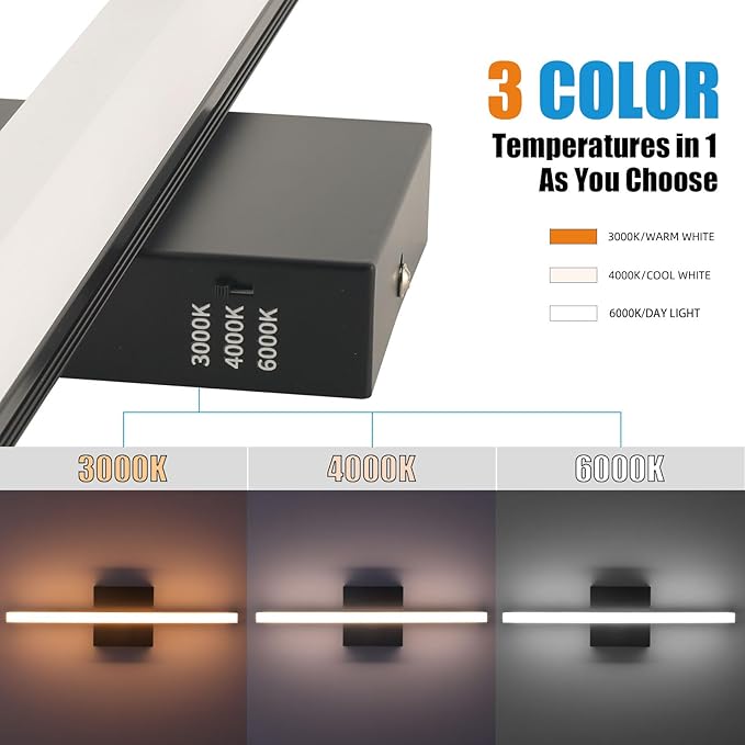 LED Bathroom Vanity Light 16in 3 Color Temperature Over Mirror Lighting Fixture Modern Indoor Black Wall Sconce Adjustable Lighting Color 3000K/ 4000K/ 5000K