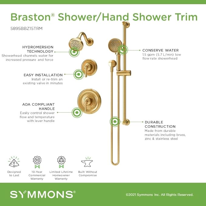 Symmons Braston HydroMersion Double Handle Shower Trim Kit with Hand Spray in Brushed Bronze - 5895BBZ15TRM
