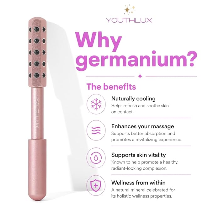 Radiance Roller – Germanium Stone Facial Massage Tool/Wand Face Roller for Lifting, Sculpting, De-Puffing, Glow Boost, Energizing & Cooling Effect (Rose Gold)