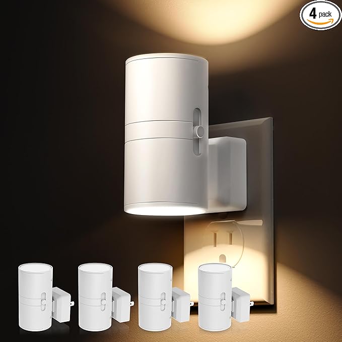 L LOHAS LED Night Light, Night Lights Plug into Wall, Dimmable Nightlight, 3000K Soft Light with Light Sensor, White Shade Nightlights Plug in Wall for Adults Hallway Bedroom Bathroom Kitchen, 4 Pack