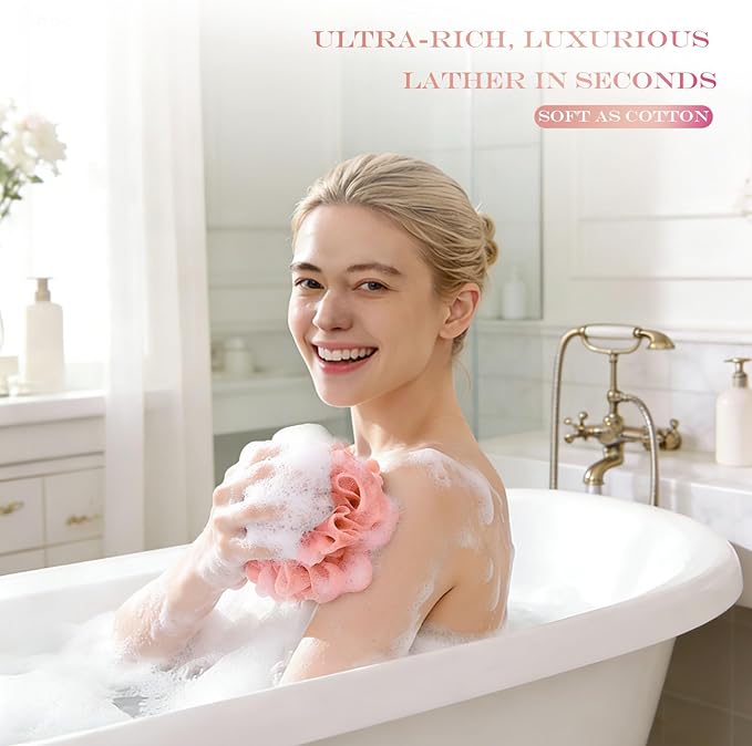 2-Pack Loofah Washcloth Combo 2-in-1, Exfoliating Soap Saver Pouch with Bar Soap Pocket, Reusable Shower Sponge for Body Wash & Smooth Skin, (Pink + White)