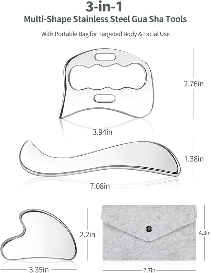 3-in-1 Stainless Steel Gua Sha Massage Tool Set, Muscle Scraper & IASTM Tools for Soft Tissue Mobilization, Myofascial Release, Body Skin Massage, Physical Therapy Sore Muscle Relief with Travel Pouch