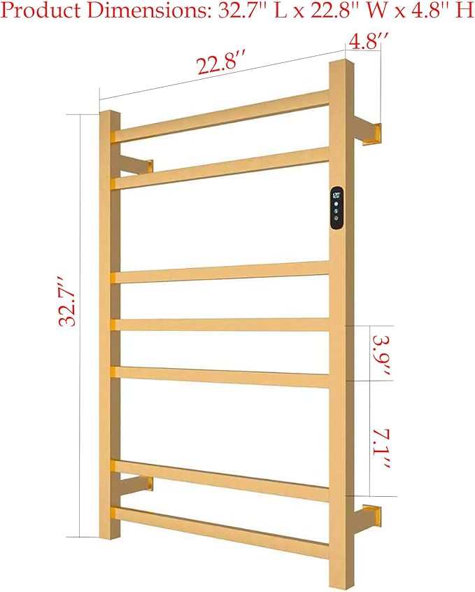 7 Bars Luxury Towel Warmers Wall Mounted Heated Towel Rack, Towel Warmer Rack for Bathroom with Timer & Temperature Multi-Level Adjustable, Hardwired and Plug-in Compatible (Brushed Gold)