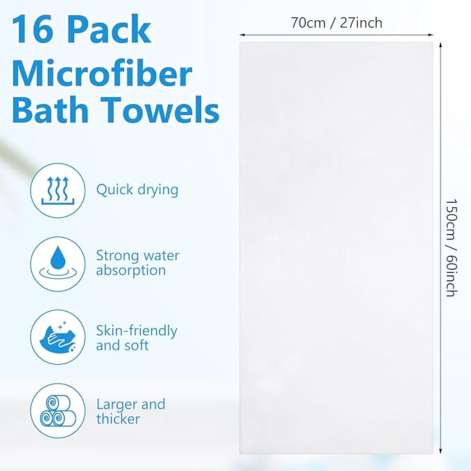 SmoothNovelty 16 Pack Microfiber Bath Towels Bulk 27'' x 60'' Oversized Beach Towel Highly Absorbent Extra Large Soft Drying for Shower Pool Salon Sauna Bathroom Gym Party (Simple,White)