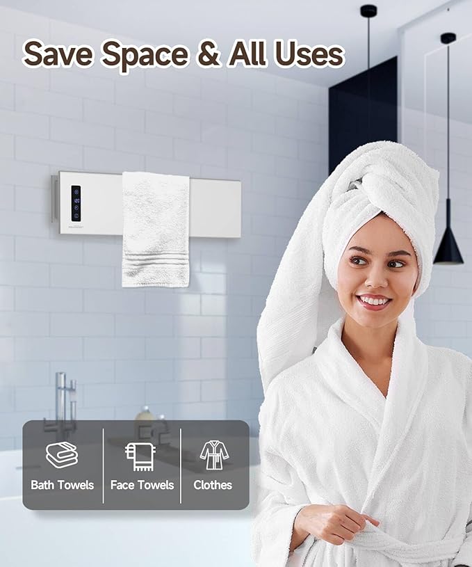 Hot Towel Warmer, Small Towel Warmer Rack Wall-Mounted, LED Control with Built-in Timer & Temperature, 17.7" x 5.1", Max 140°F, Plug-in, Fast Heating, Brushed Silver
