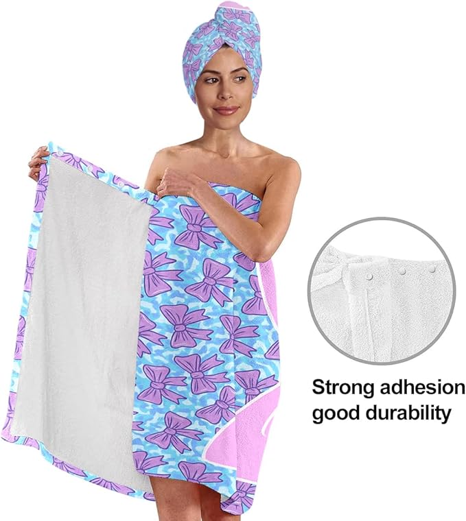 Bow Towel Wrap for Women Girls – Microfiber Shower Spa Wrap with Hair Towel Turban – Quick Dry Bath Skirt Set for Travel, Dorm, Pool, Beach, Gifts for Teen Girls (Bow 2)