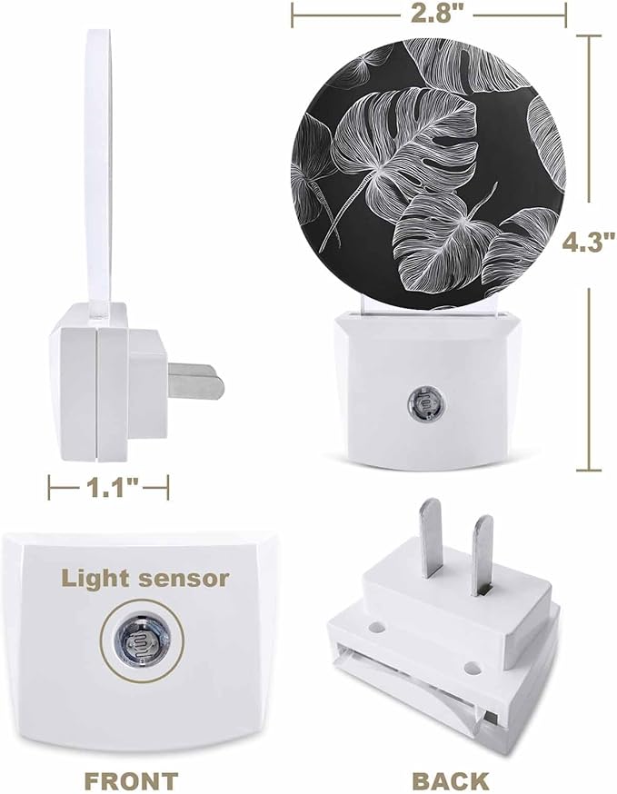 Night Lights Auto Sensor Black Palm Leaves Night Light Summer Tropical Branches Round Lamp Plug-in LED Nightlights Dusk to Dawn for Living Room Bedroom Bathroom Hallway Wall Decor
