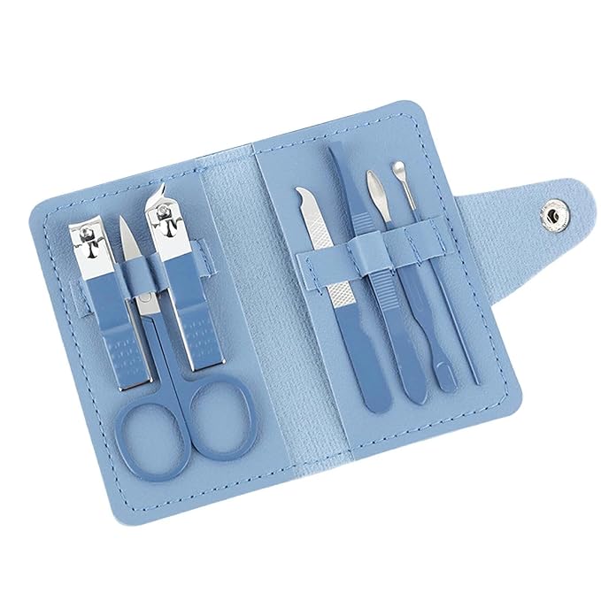 Manicure Set, 7 in 1 Professional Nail Clippers Scissors Pedicure Kit, Stainless Steel Nail Care Tools with Case, Portable Manicure Grooming Kit Christmas Stocking Stuffers Gift for Women (Blue)