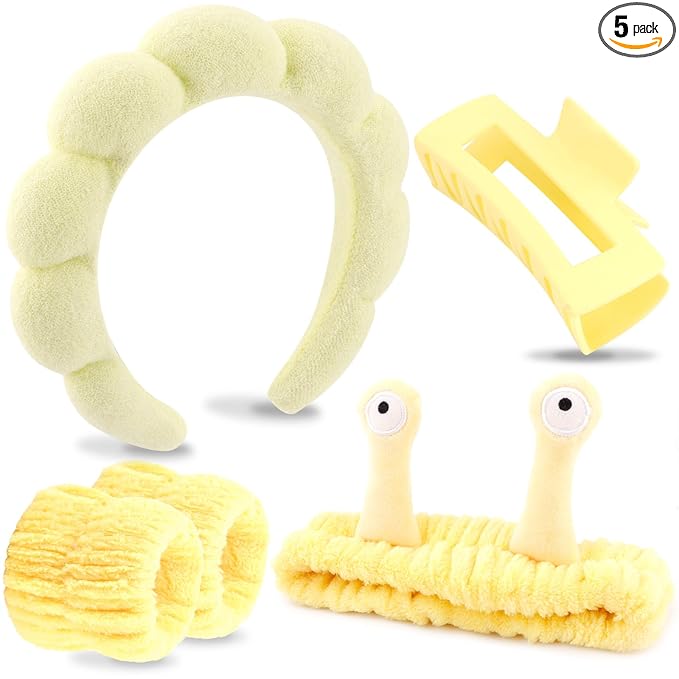 VELSCRUN Spa Headband, Makeup Face Wash Skincare Headbands, 5 Pcs Sponge Get Ready Snail Hairband Facial Wristband Hair Clip Set, Stuff for Teen Girls Women Trendy Hair Accessories Yellow