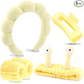 VELSCRUN Spa Headband, Makeup Face Wash Skincare Headbands, 5 Pcs Sponge Get Ready Snail Hairband Facial Wristband Hair Clip Set, Stuff for Teen Girls Women Trendy Hair Accessories Yellow