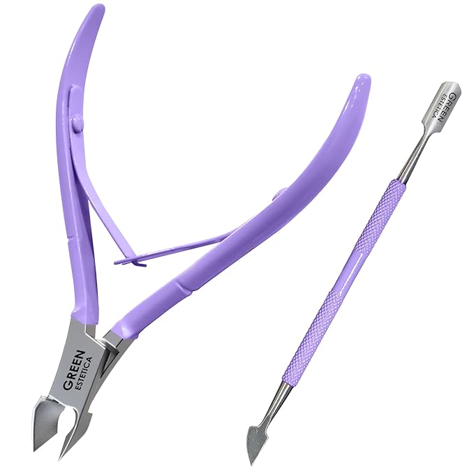Professional Cuticle Trimmer Nail Cuticle Cutter Stainless Steel Cuticle Nippers with Sharp Blades Double Spring Manicure Tools for Nail Care Pedicure Home Spa (Purple - Pusher Included)
