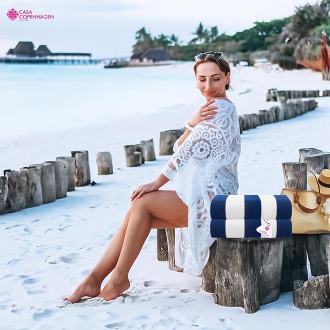 CASA COPENHAGEN Cabana Towels 2Pcs Cobalt Blue Designer Stripe Beach Bathsheet Towels Gift Set, 35"x70" Oversized 100% Cotton Pool Bath Sheet Gift Set (Perfect Summer Gift Set for Women & Men)