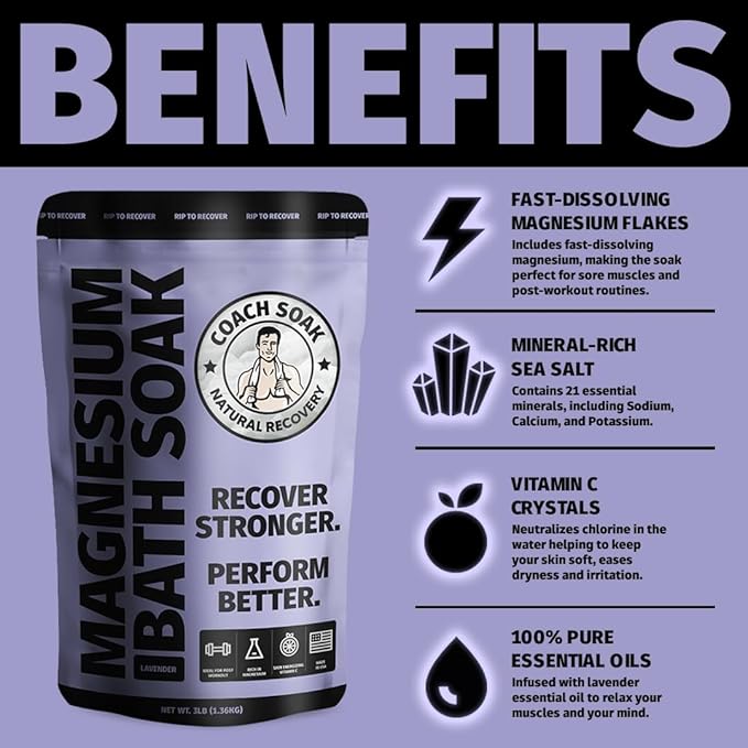 Coach Soak Magnesium Recovery Bundle - Bath Soak (3lbs), Nighttime Body Butter (8oz) & Magnesium Cream with MSM (3.4oz) – Lavender Scent