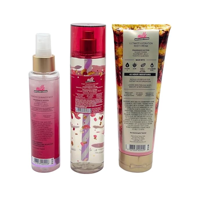 Bath & Body Works MILK Collections RASPBERRY HOLIDAY PIE BAR Diamond Shimmer Mist, Fine Fragrance Mist & Ultimate Hydration Body Cream 3pc bundle with a Red Bow for Holidays & Gifts