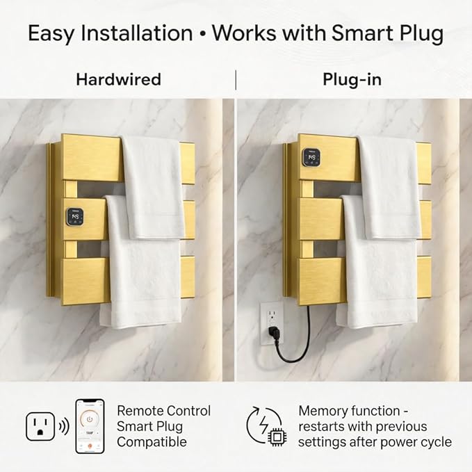 Electric Towel Warmer, Heated Towel Rack with Thermo Control and Timer, Fast Heating Towel Rail for Bathroom with Memroy Function, Work with Smart Plug, Left-Wiring, 3 Panel, Gold