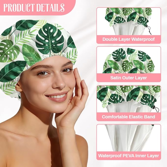Tropical Leaves Reusable Shower Cap Green Monstera Double Layer Waterproof Shower Caps Large Elastic Hair Cover Adjustable Hair - Drying Caps for Woman Man Bath SPA Travel One Size Fits Most