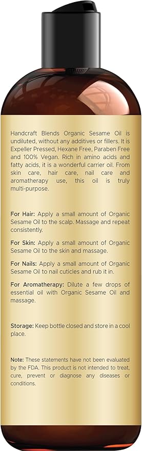 Handcraft Blends Organic Sesame Oil - 8 Fl Oz - 100% Pure and Natural - Premium Grade Carrier Oil for Skin and Hair - Hair and Body - Massage - Expeller-Pressed and Hexane-Free