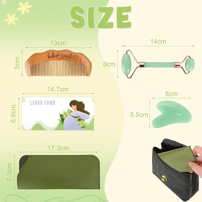 Birthing Comb for Labor Pain and Gua Sha Facial Tools, Post Partum/Home Delivery Essentials, Pregnancy/Birth/Hospital Bag Must Haves, Jade Roller Stone Massager,Gifts for Expecting Mom Women (Green)