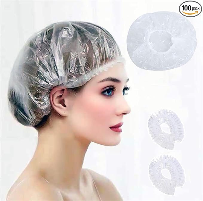 100 PCS Disposable Shower Caps Thickened Waterproof Hair Bath Caps for Women Men Girls Travel Spa Hotel Home Use Salon - Multi-Purpose Elastic Plastic Clear Shower Caps, Essentials Accessories(20.5")