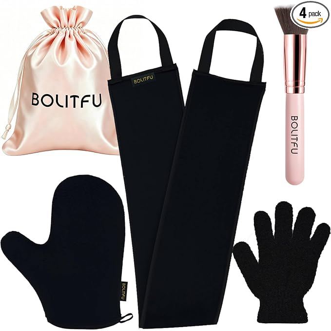 4 Pack Self Tanning Mitt Applicator Kit, with Self Tanner Mitt, Self Tan Back Applicator, Exfoliating Glove, Flat Top Face Tanner Brush, Tan mit for Self Sunless Tanner (black)