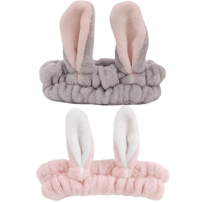 musejoy 2 Pcs Headband Bunny Ears Headband Cute Spa Headbands for Washing Face Skincare Makeup Headbands for Women Girls Trendy Stuff Present Soft Coral Fleece Hair Accessories(Grey+Dusty Pink)