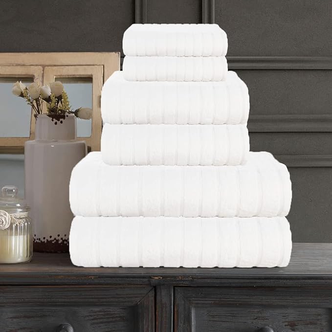 CASA COPENHAGEN Ecstatic 6Pcs 100% Egyptian Cotton Large Designer Towels Gift Set- Full White, 600GSM, 2Bath 2Hand 2Washcloths, Bath Towels for Bathroom Set for Women & Men