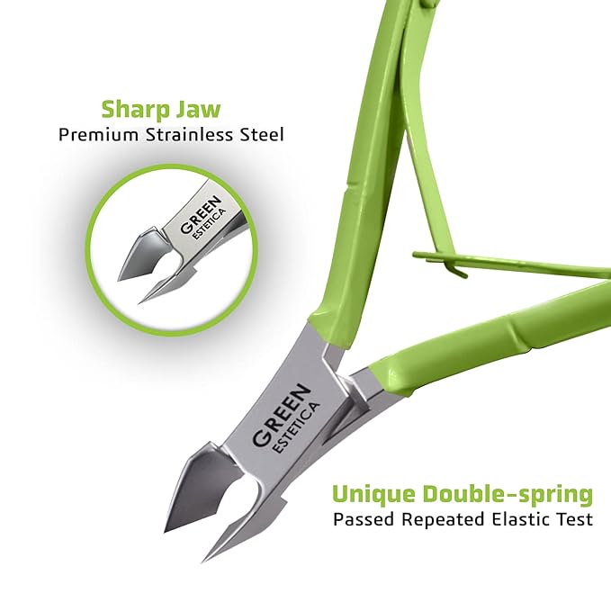 Professional Cuticle Trimmer Nail Cuticle Cutter Stainless Steel Cuticle Nippers with Sharp Blades Double Spring Manicure Tools for Nail Care Pedicure Home Spa (Green - Pusher Included)