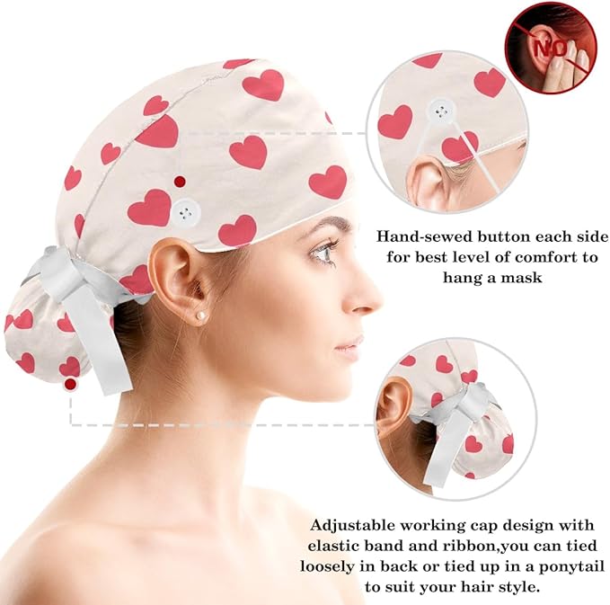 Scrub Caps Women Ponytail Cute Pink and White Leaves Caps Bouffant Working Hat Elastic Tie Back Hats with Button