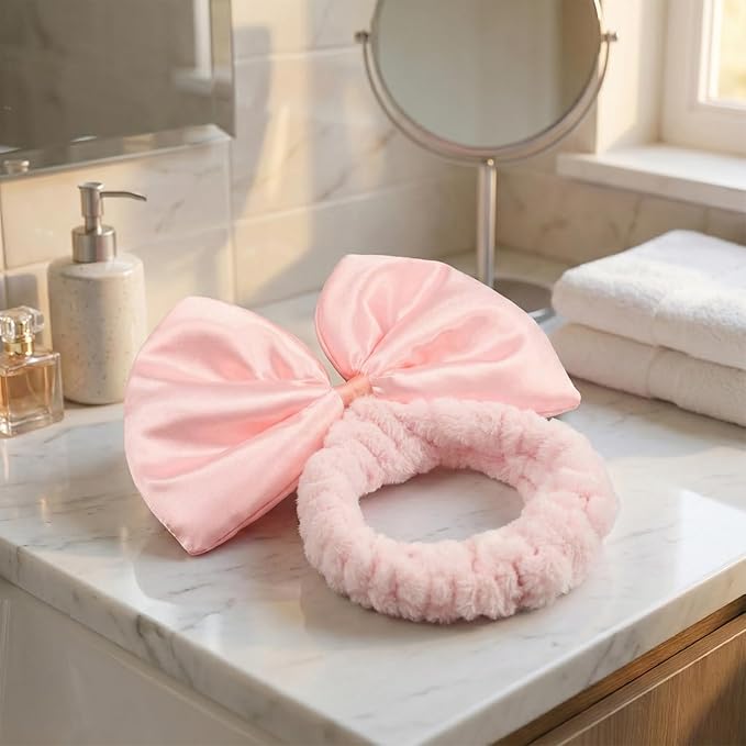 JIAHANG Large Bow Facial Spa Headband, Morning Wash Skincare Satin Bow Hairband for Women Girls