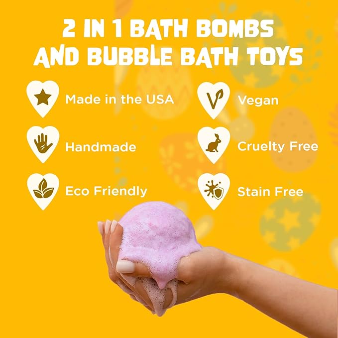 Easter Bath Bombs for Kids with Surprise Toys Inside (6 Pack) - Kids Easter Basket Stuffers for Boys and Girls - Large Spring Bubble Bomb, Incredible Fragrances & Colors, USA Made by Two Sisters