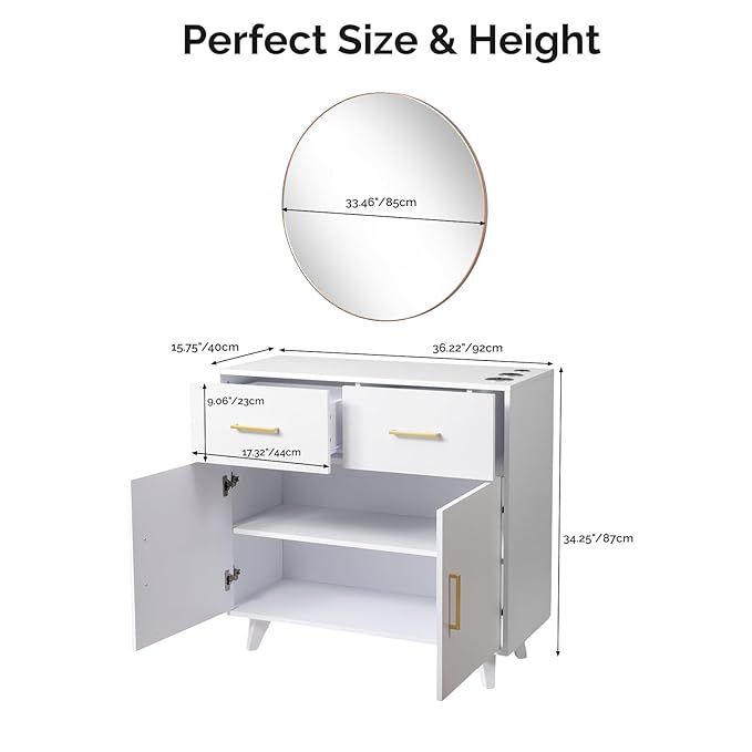 OmySalon Wall Mount Salon Station, Barber & Hair Stylist Station with Round Mirror, Hair Dryer Holders, Storage Cabinet & Adjustable Shelf, Beauty Spa Dresser, White