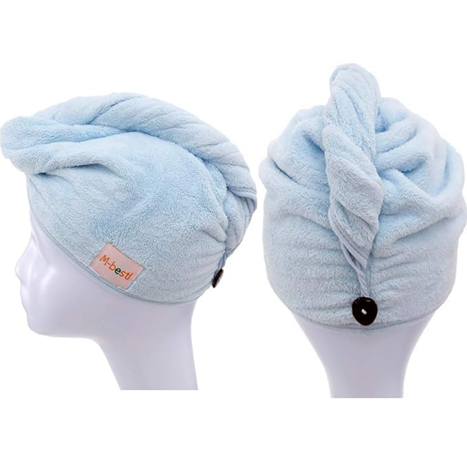 M-bestl 2 Pack Hair Drying Towels, Hair Towel Wrap,Absorbent Microfiber Hair Towel Turban with Button Design to Dry Hair More Quicker(Dark Gray& Blue)
