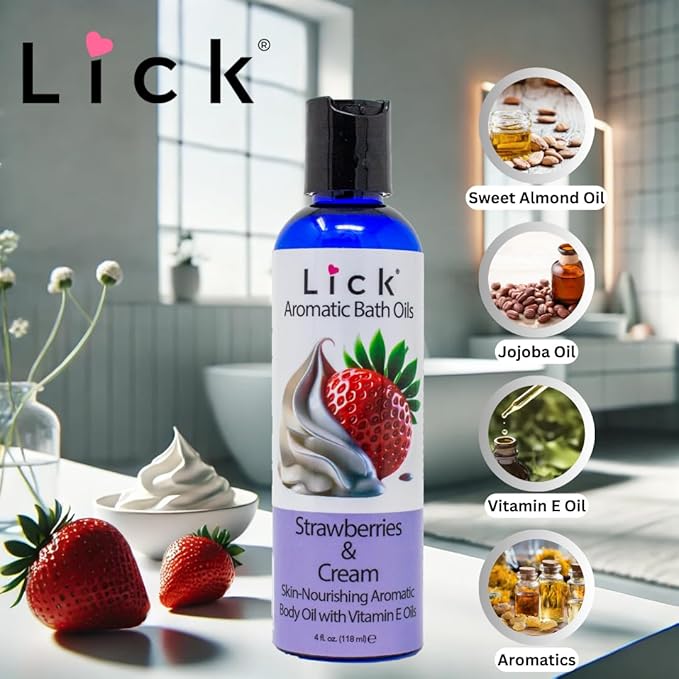 Lick Strawberries and Cream Aromatic Bath Oil - Indulgent Scent Dessert Blends - Aromatherapy Soak Oils for Skin Softening, 4 oz