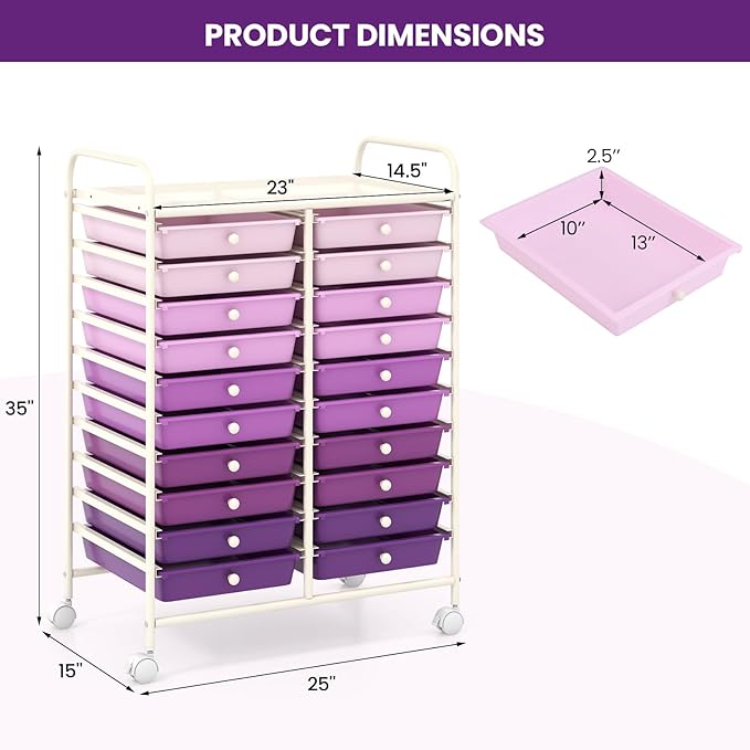 Giantex 20 Drawers Rolling Cart, Mobile Storage Drawer Cart, Classroom Organizer Cart for Office School Supplies Tools Scrapbook Paper Craft Small Printer, Utility Cart on Wheels, Gradient Purple