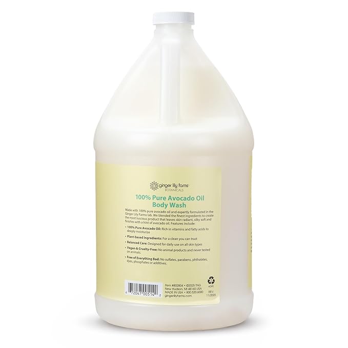 Ginger Lily Farms Botanicals 100% Pure Avocado Oil Body Wash for All Skin Types, 100% Vegan & Cruelty-Free, 1 Gallon (128 Fl Oz) Refill