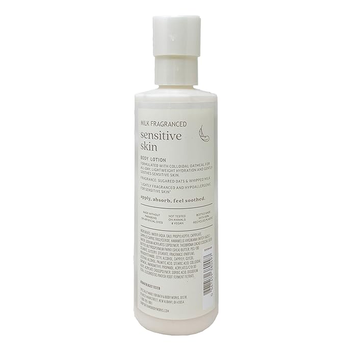 Bath & Body Works Sensitive Skin Milk Fragranced 3 Piece Set - Moisturizing Body Wash, Perfume Mist and Body Lotion - with a Natural Oats Sample Soap