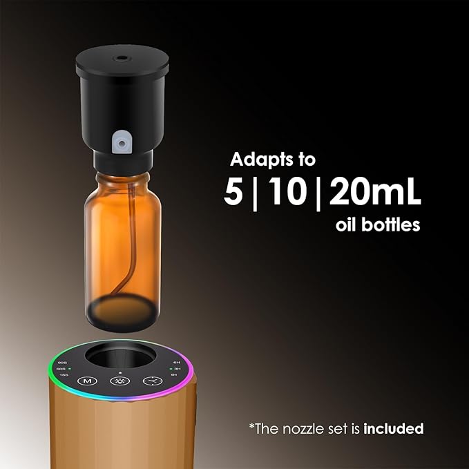 Waterless Essential Oil Diffuser, 7 Colors LED Light, Battery Powered Mini Scent Air Machine, Aromatherapy Mist Diffuser for Home Room Car Office，Black Aluminum Alloy (Black) (Gold)