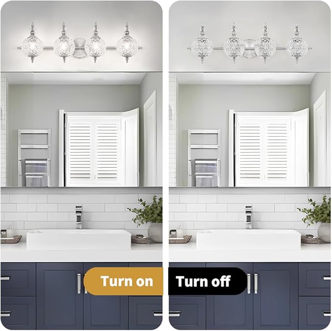 Brushed Nickel Bathroom Vanity Light Fixture Vintage Style - 4 Light G9 Bulb Compatible, 30" Wide Bathroom Lighting Over Mirror with Hand-Etched Glass Shades, Easy Mount for Makeup Area