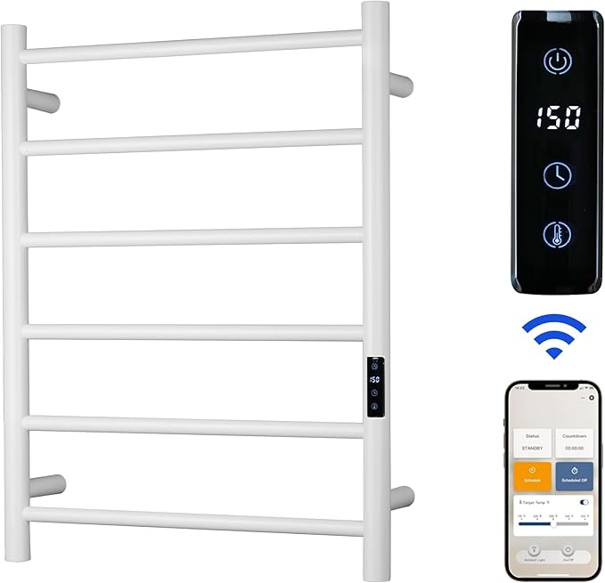 Electric Towel Rack with Voice Control for Alexa & Google Home,TUYA-Wall-Mounted Bathroom Heating Towel Warmer,Plug-in,26.77x20.47x4.39in,Stainless Steel Material,White,6 Bars
