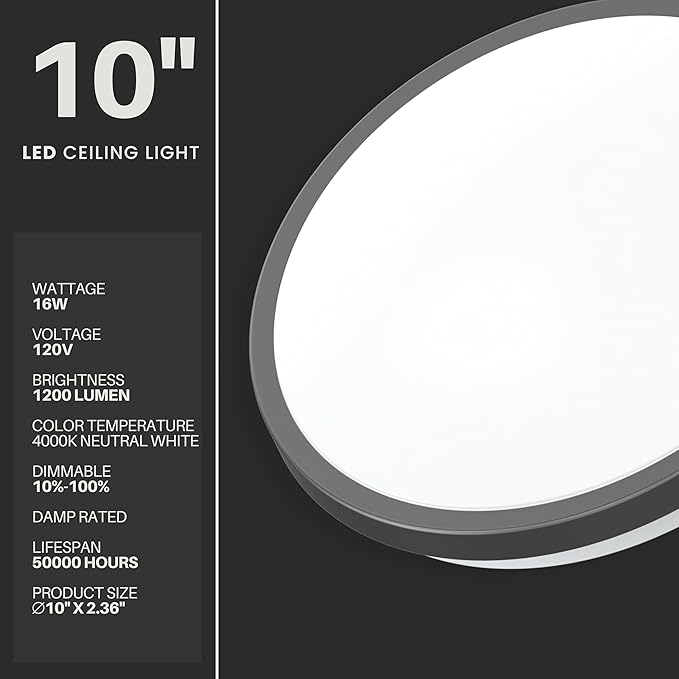 DYMOND 10" Matte Black LED Ceiling Light Flush Mount Lighting Fixture Dimmable Daylight for Bathroom Kitchen Laundry Room Closet (4000K Natural Daylight, Matte Black)